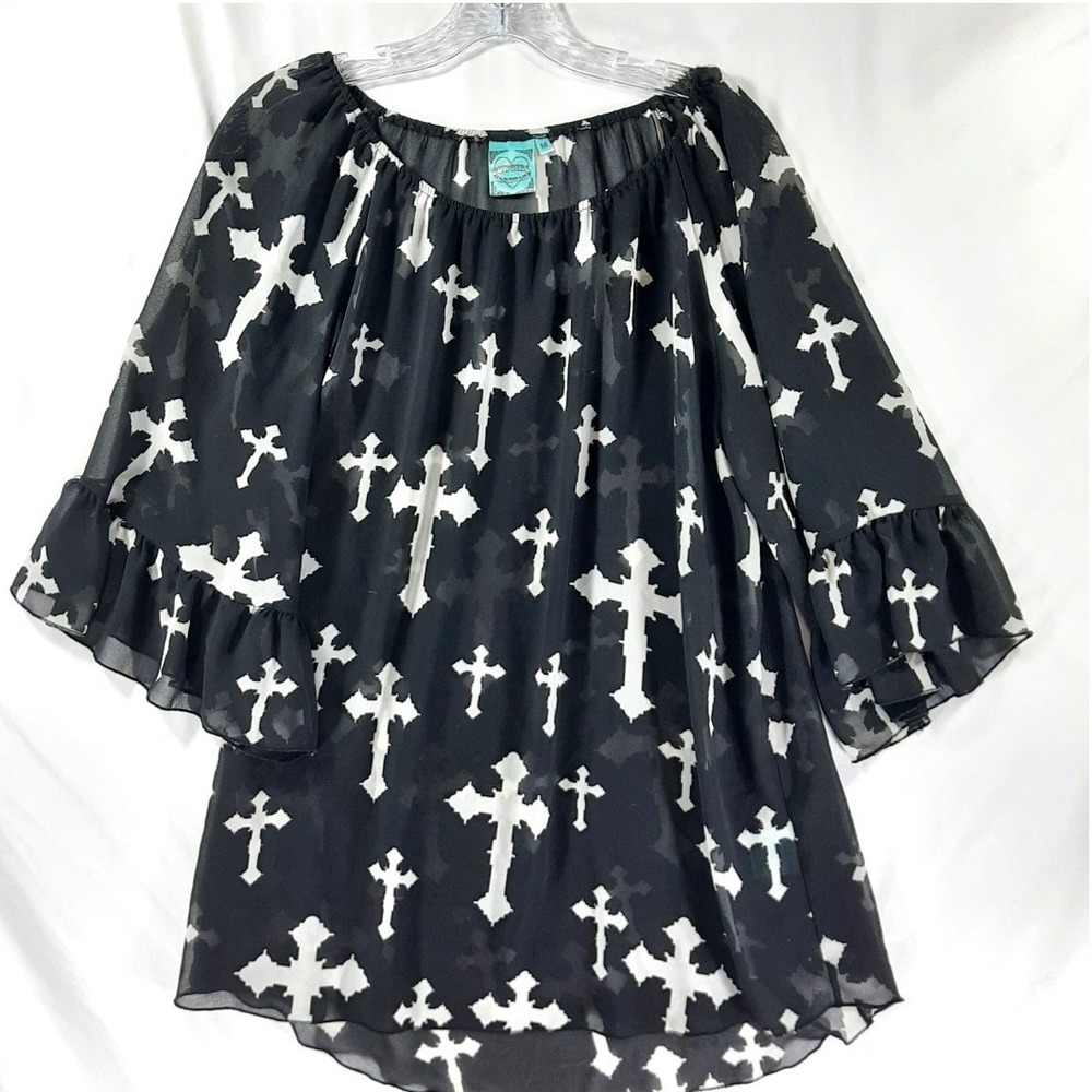 Black Gothic Cross Print Off Shoulder Bell Sleeve Chiffon Top Cowgirl Hardwear